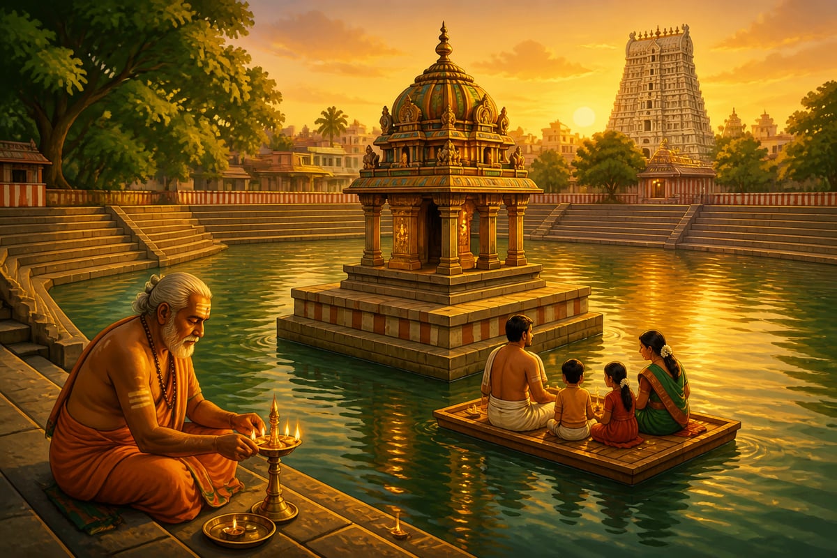 The Mariamman Teppakulam tank in Madurai at sunset