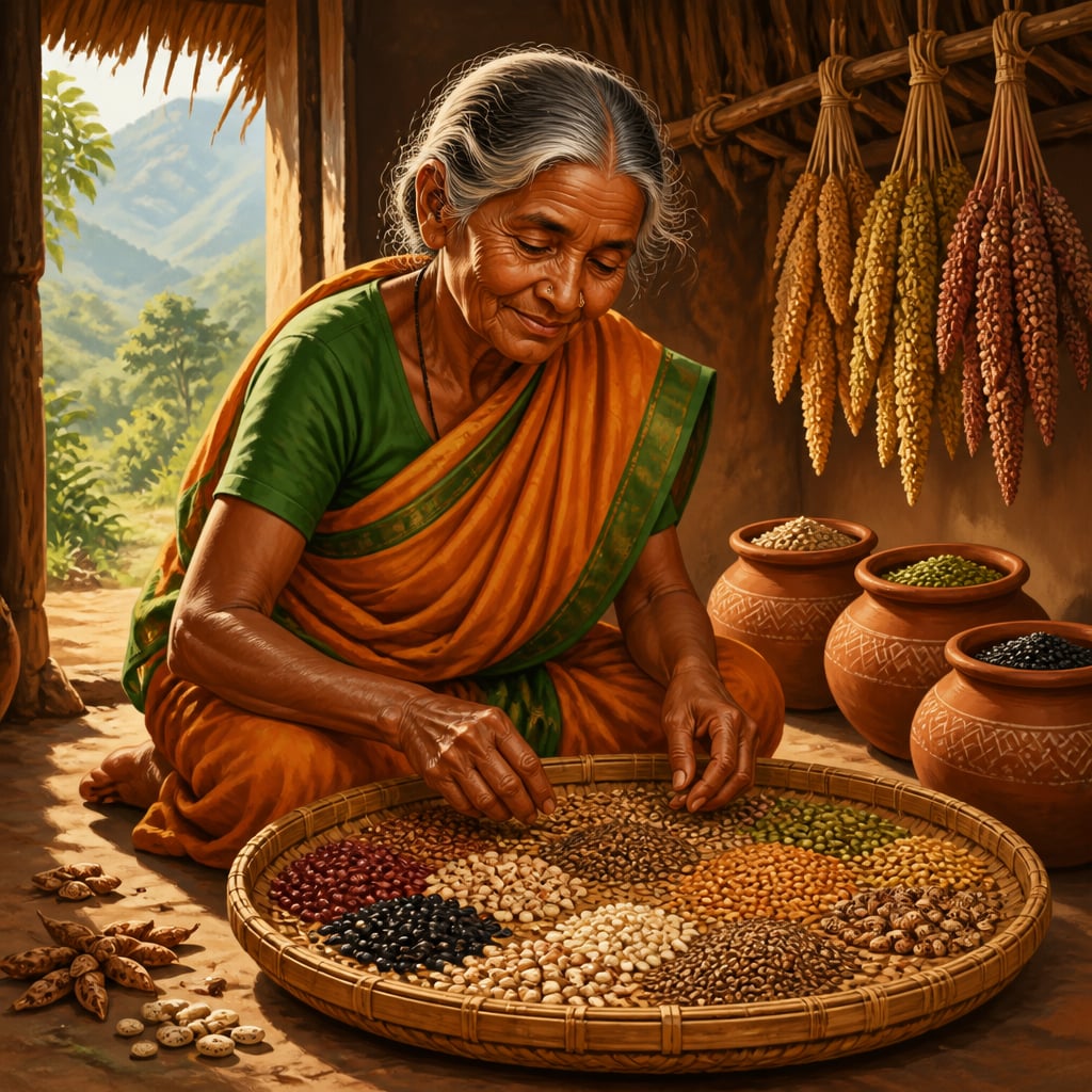 Kamala Pujari sorting saved seeds in Koraput