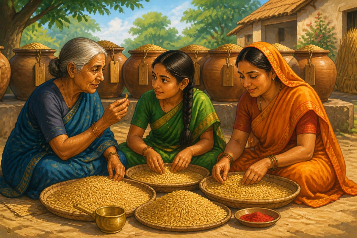 Three generations of women selecting paddy seeds
