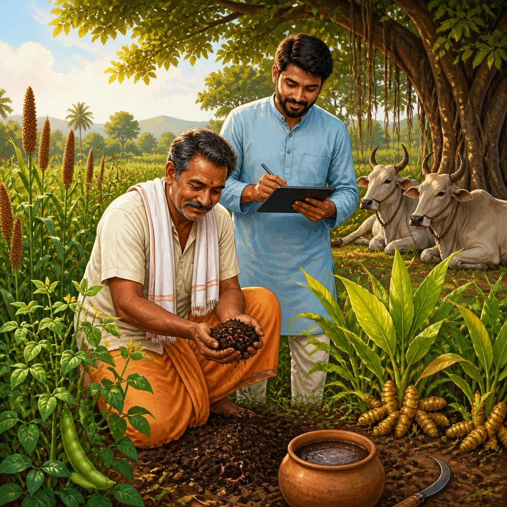 Andhra natural farmer kneeling with living soil