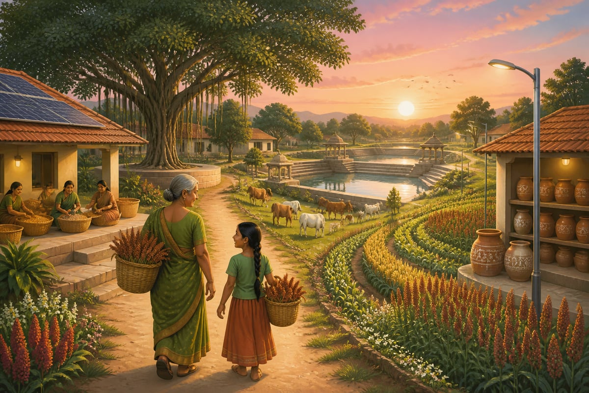 A Viksit Bharat 2047 agricultural village at sunrise
