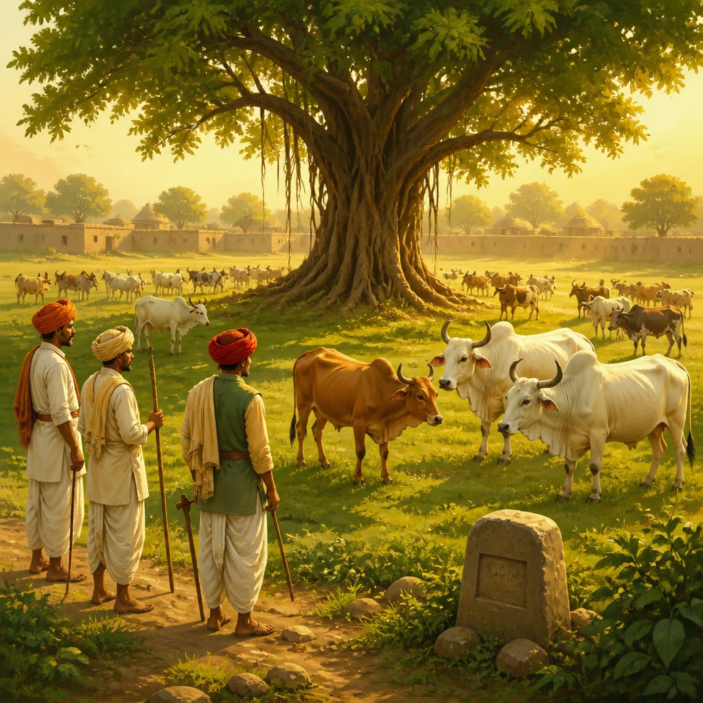 A Rajasthan village gauchar pasture at dawn with herds from many households grazing together