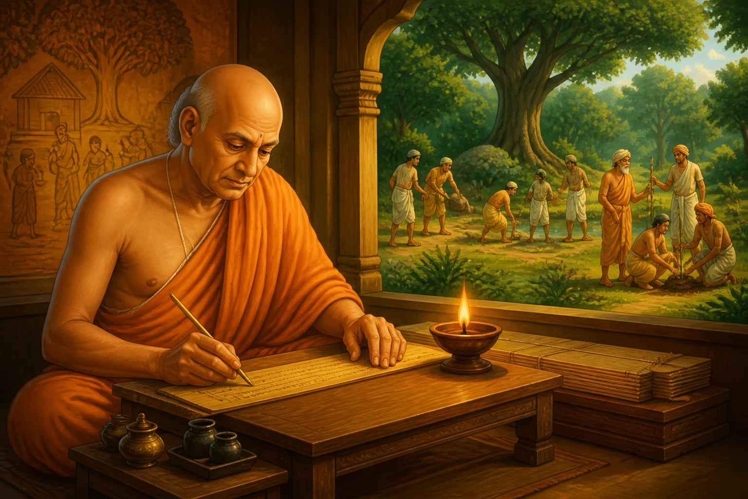 Kautilya inscribing the rule on common village land onto palm leaves by torchlight