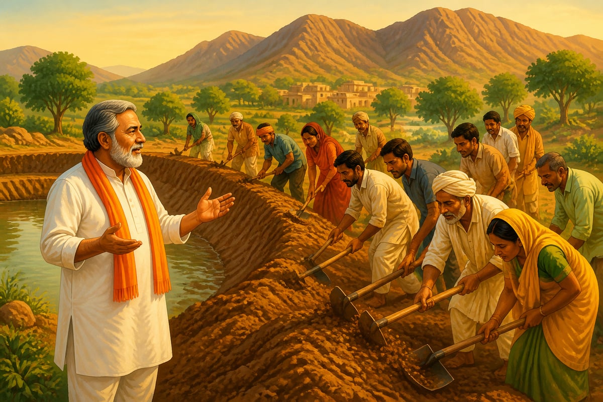 Rajendra Singh leading villagers reviving a johad catchment in Alwar