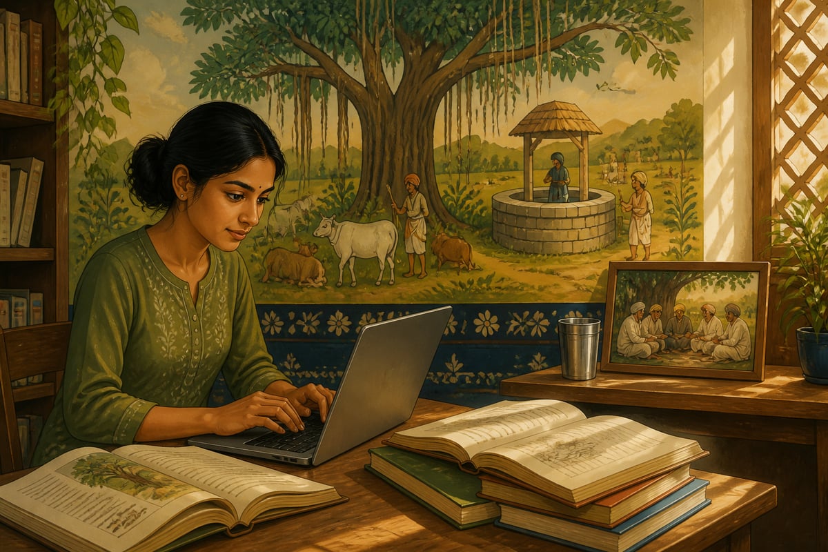 A young Indian editor working on Wikipedia beside a painted village gauchar mural