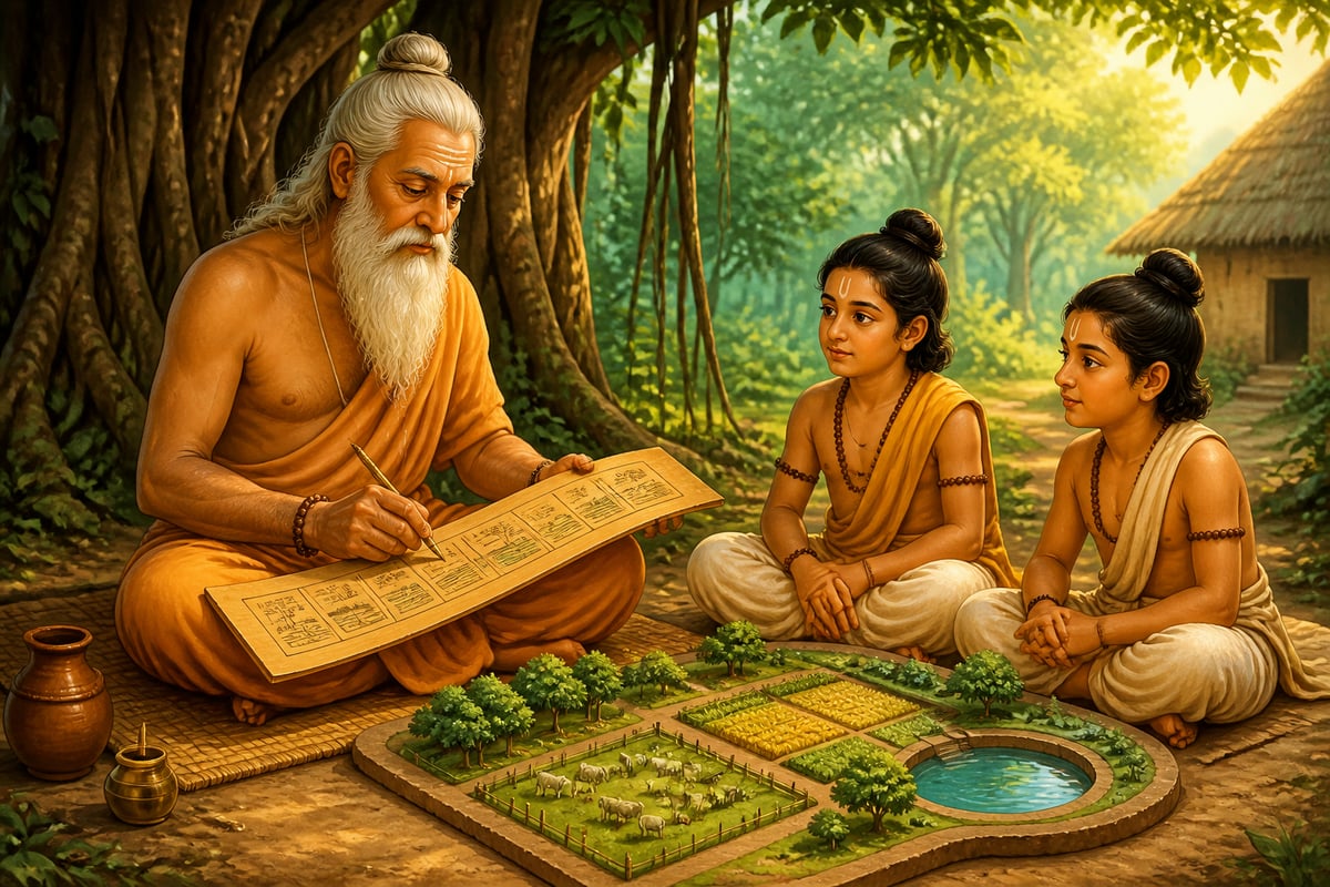 Manu the lawgiver inscribing the ten categories of village land at a forest hermitage