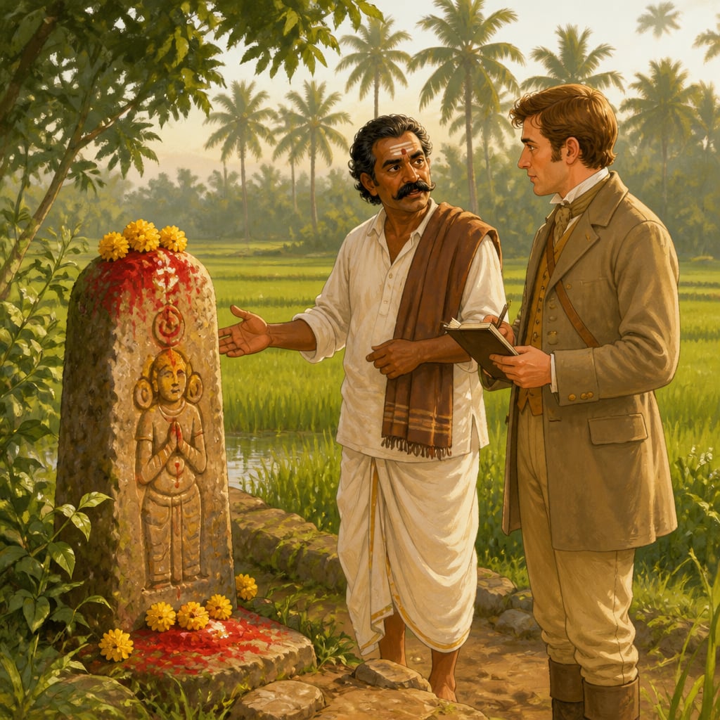 Thomas Munro and a South Indian village headman at a sima devata boundary stone