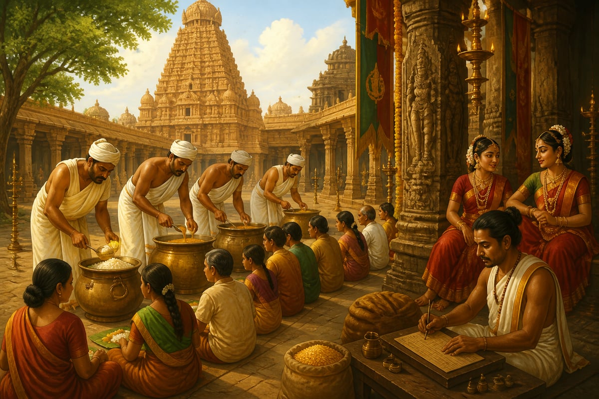 The Brihadeeswara temple courtyard with cooks serving annadana to villagers
