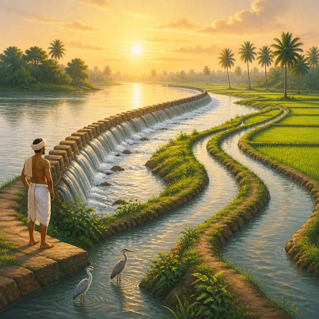 The Kallanai Grand Anicut at sunrise spreading water into Kaveri delta fields