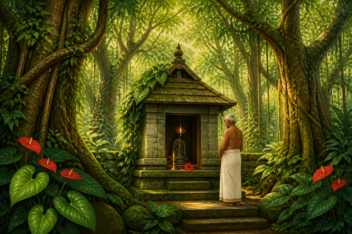 A Kerala kavu sacred grove with a small stone shrine under untouched canopy