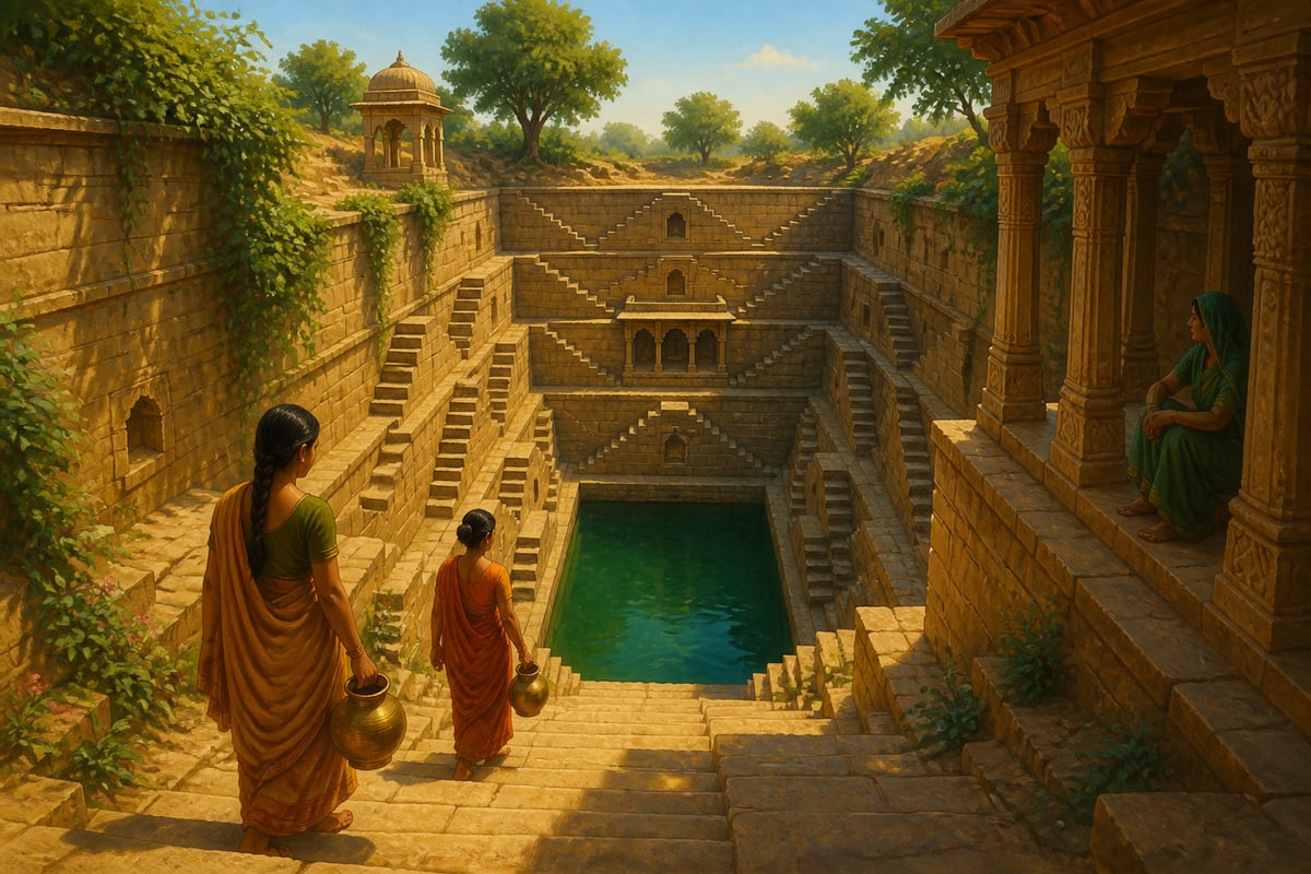 A Rajasthan baori stepwell with women descending its sandstone steps to the water