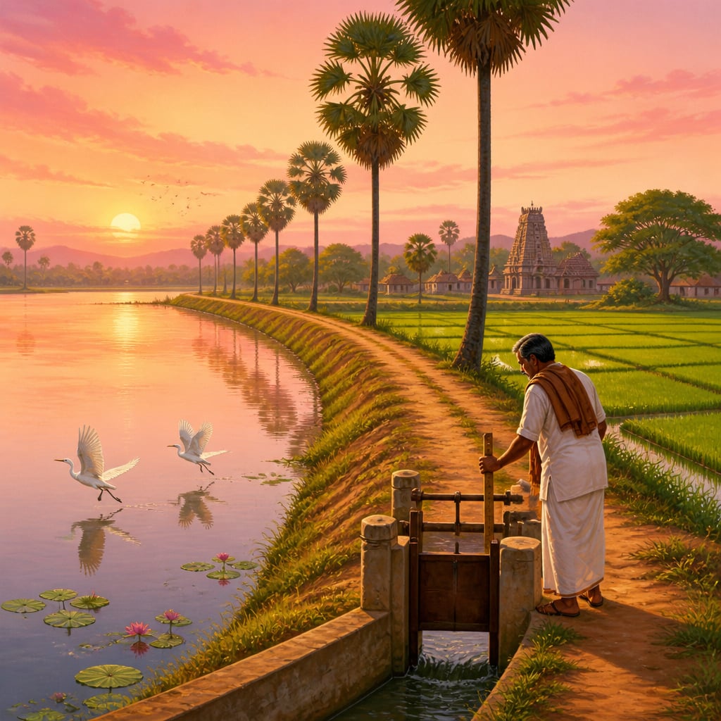 A Tamil Nadu eri tank at sunrise with the neerkatti walking the bund