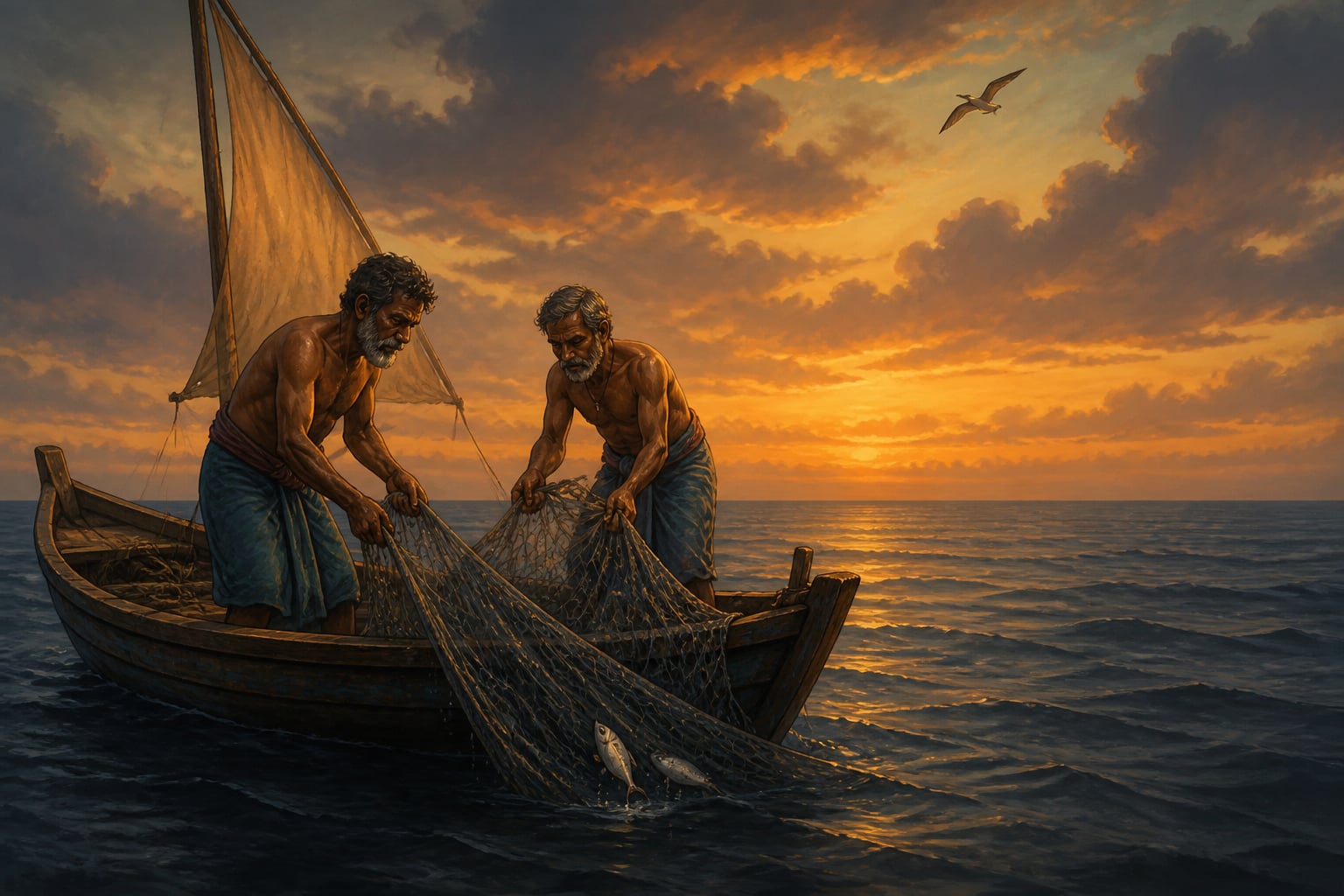 A fishing boat at dusk hauling up a nearly empty net on a wide ocean