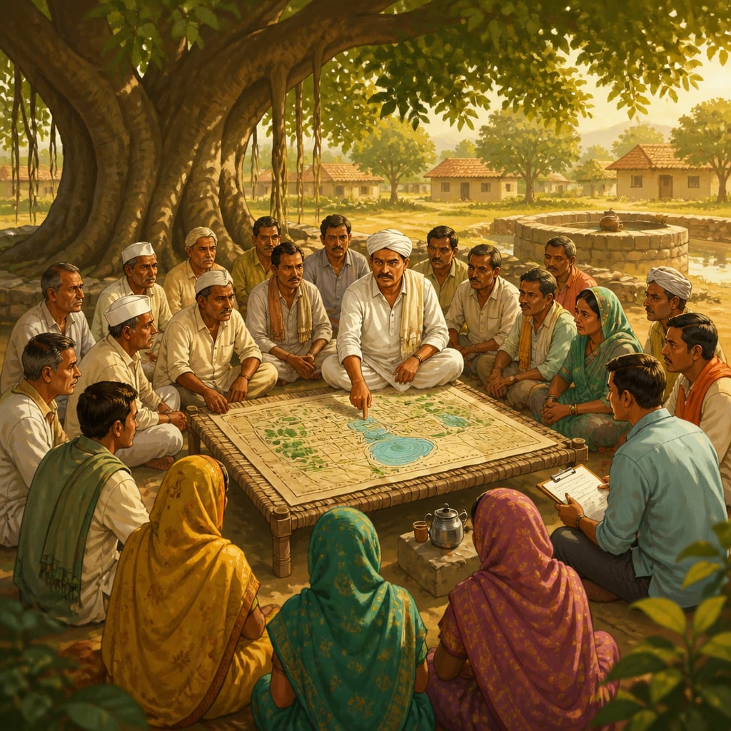 A Maharashtra grama sabha discussing an aquifer governance map under a banyan