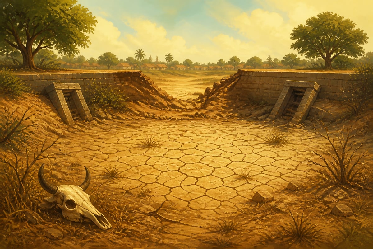 An abandoned colonial era village tank with a breached bund and cracked floor