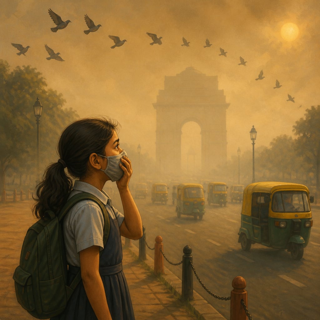 A child in a cloth mask before a smog wrapped Delhi skyline in November