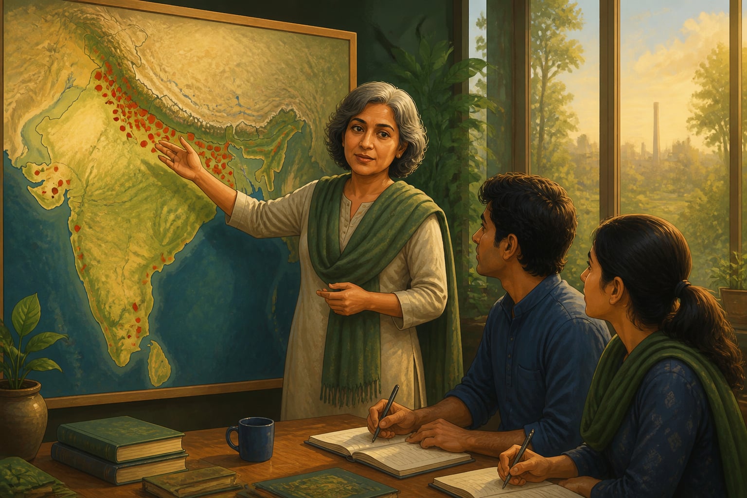 Sunita Narain at the CSE office gesturing at a map of India's pollution hotspots