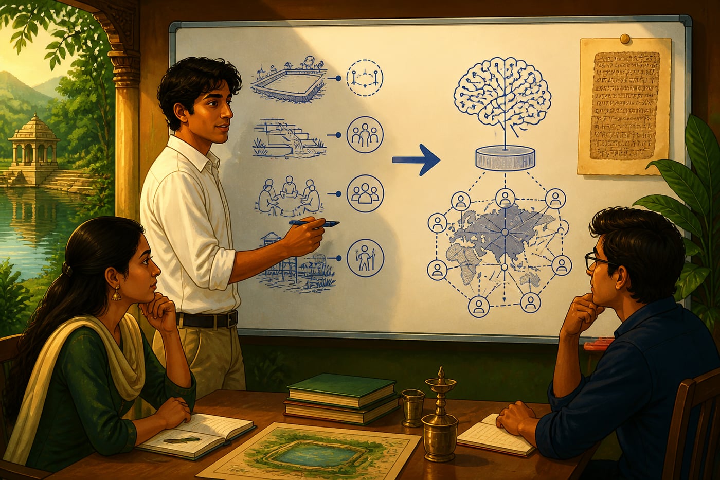 An Indian researcher mapping village tank governance principles onto an AI commons whiteboard