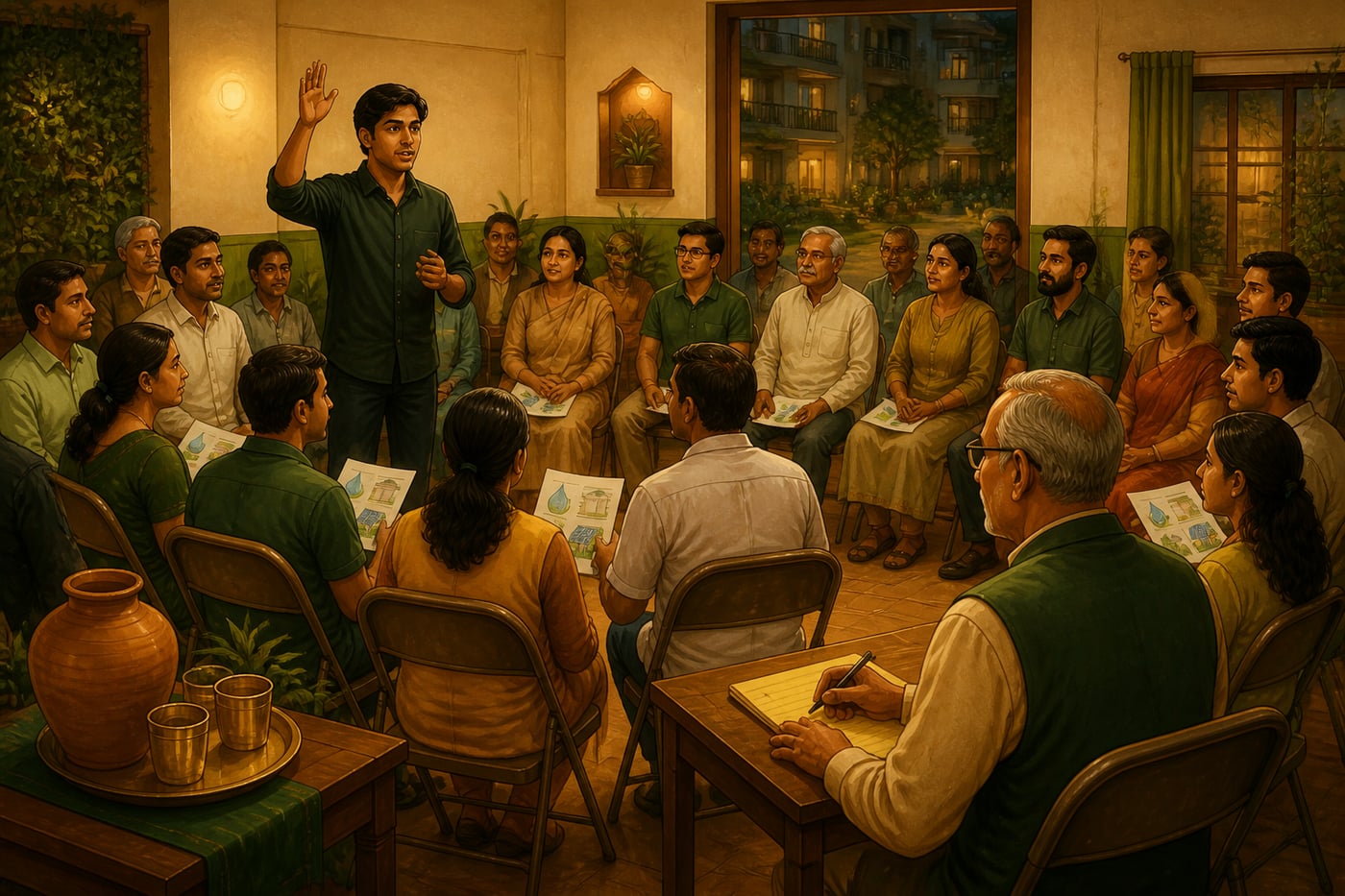 A young Indian man raising a hand at a housing society meeting on shared resources
