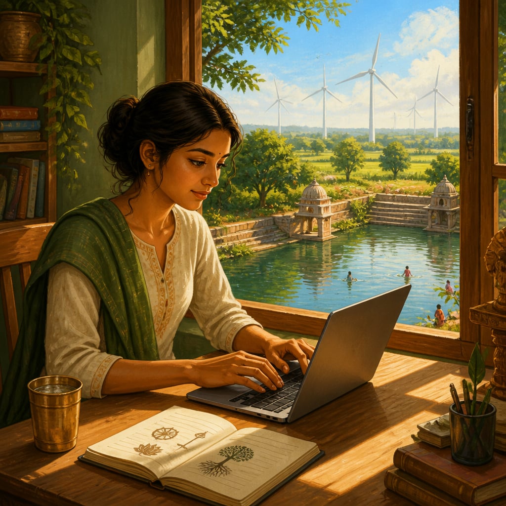A young Indian woman at a laptop with an eri tank and distant wind turbines through the window