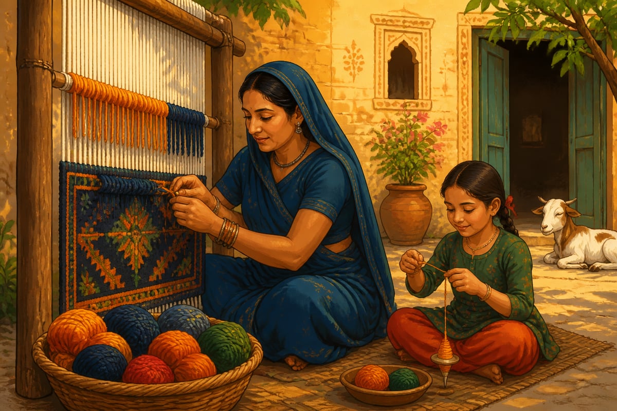 A rural weaver knots a hand-tied carpet at her home loom in Rajasthan