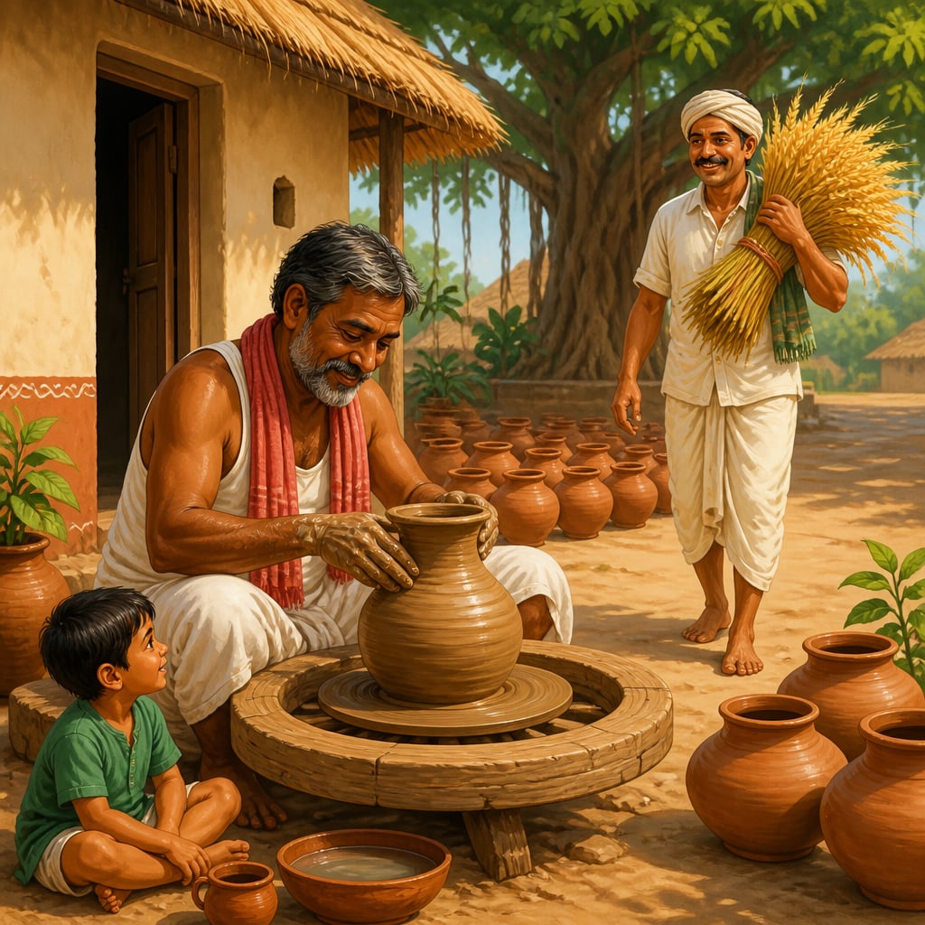 A village potter at his wheel receives grain from a farmer in the jajmani exchange