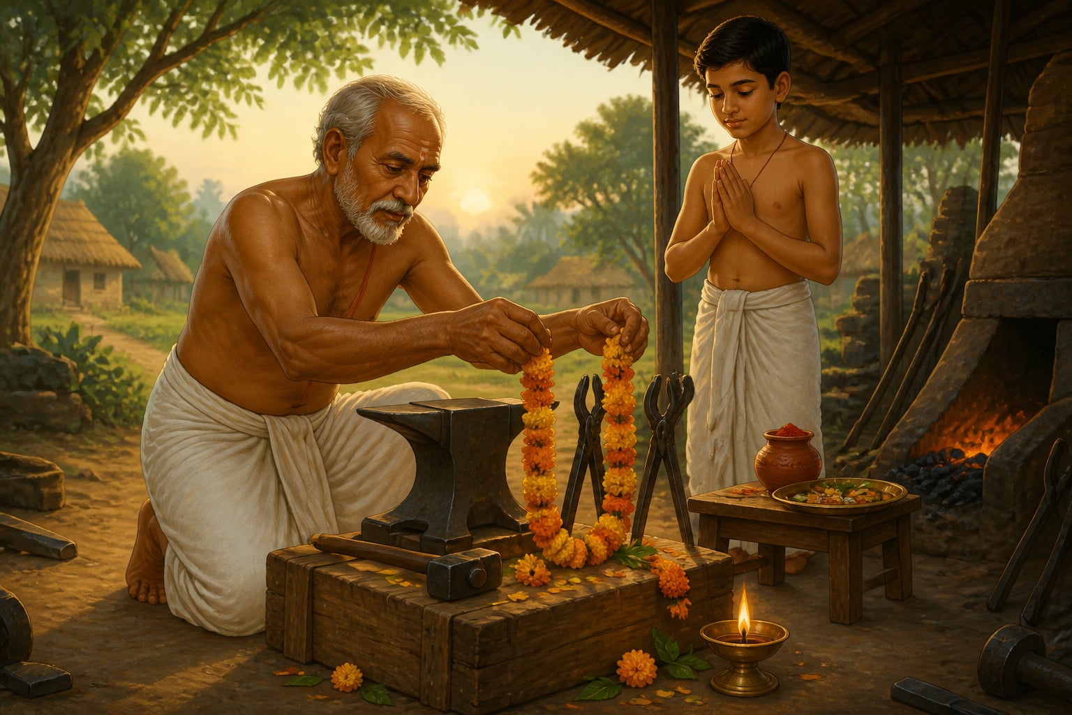 A village blacksmith offers a marigold garland to his anvil at Vishwakarma puja