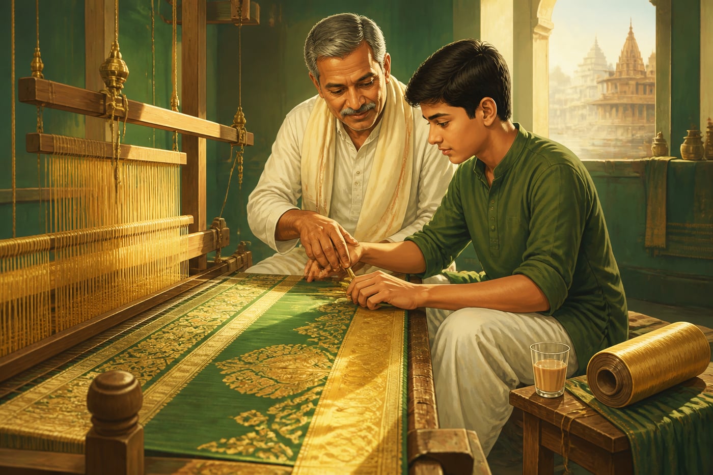 A Banarasi master weaver guides his apprentice nephew at a jacquard loom