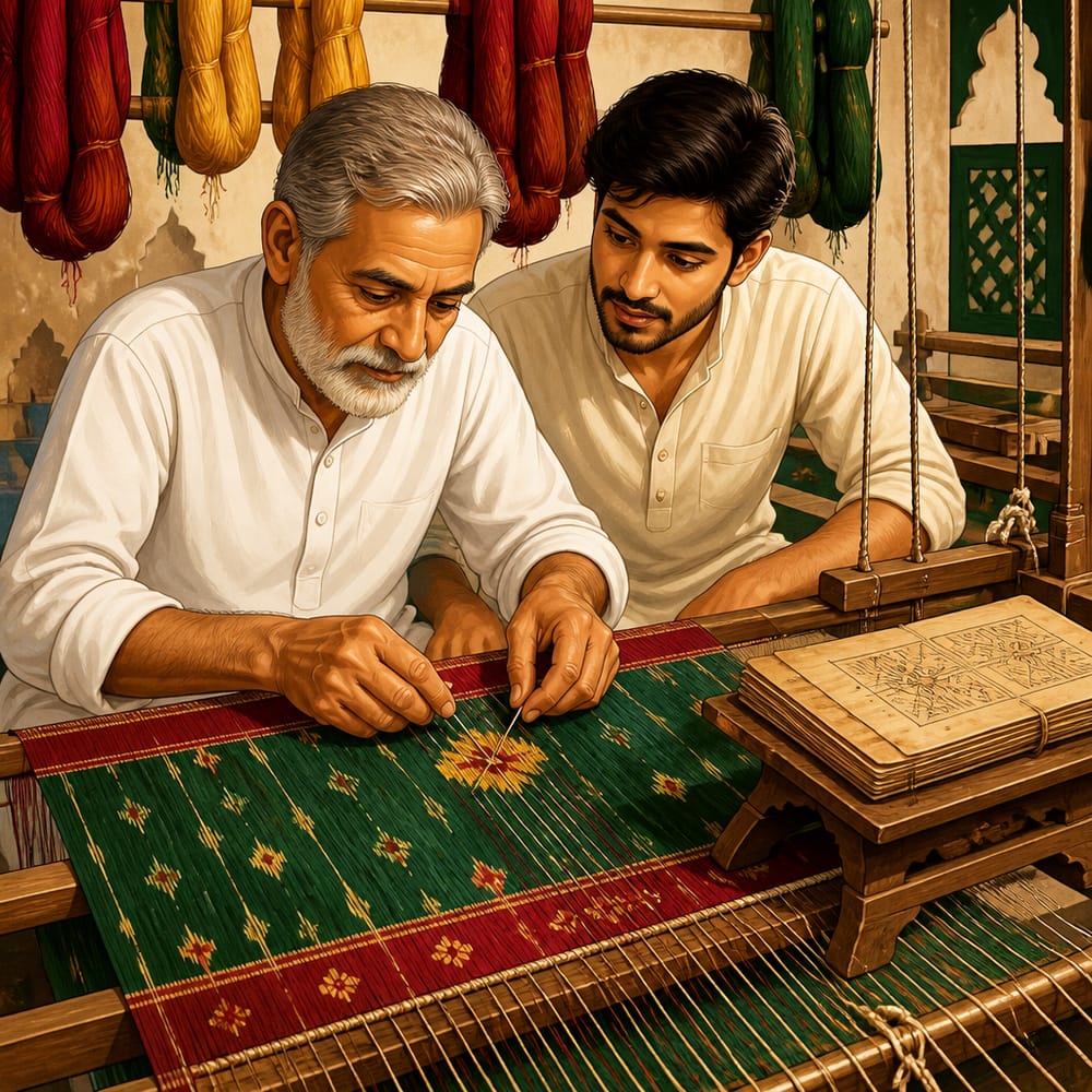 A Salvi master and son weave Patola double-ikat on a pit loom in Patan