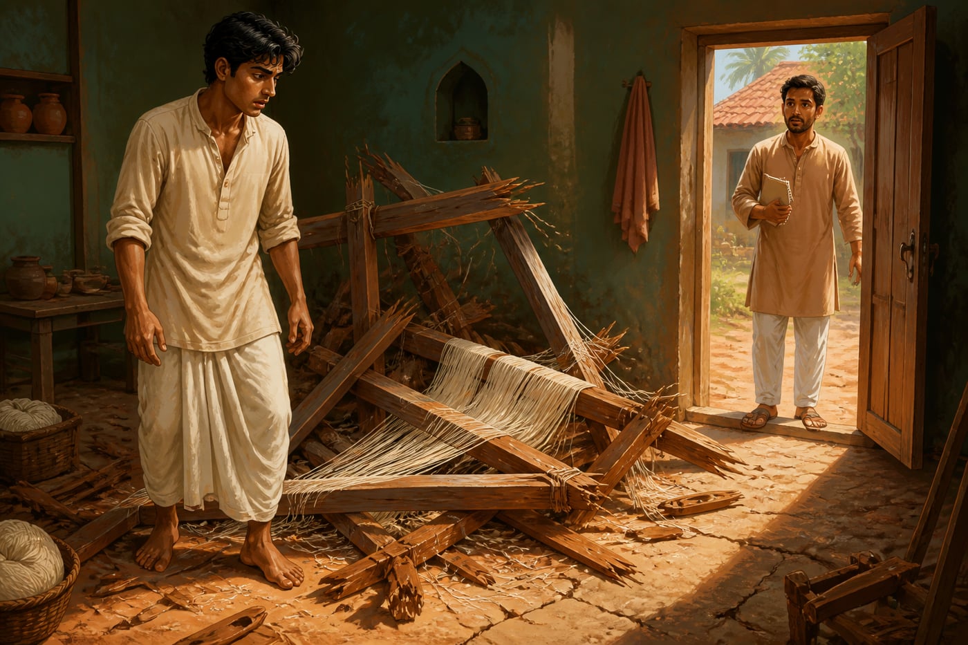 A young weaver stands beside a loom he has smashed apart in despair