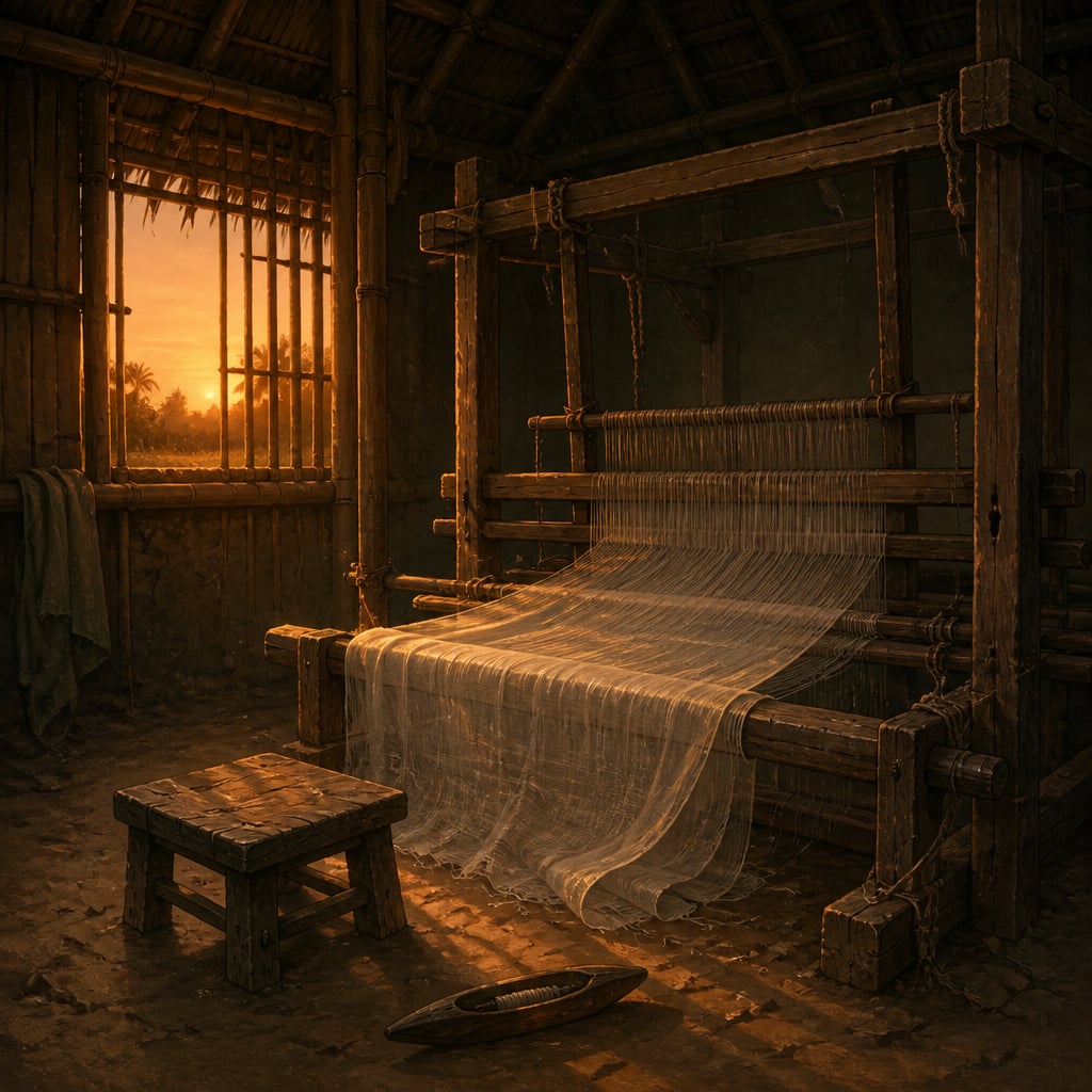 An abandoned Dhaka muslin loom sits in a deserted Bengali weaver's hut at dusk