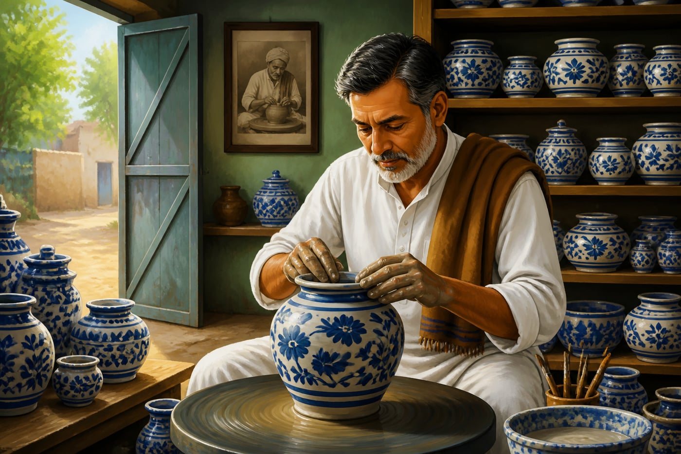 A Khurja potter shapes blue-and-white glazed pottery in his modern workshop