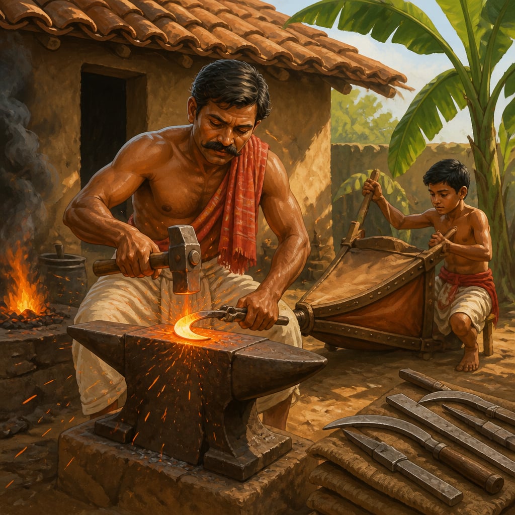 A village blacksmith hammers an iron sickle at his forge in 1905 Bengal