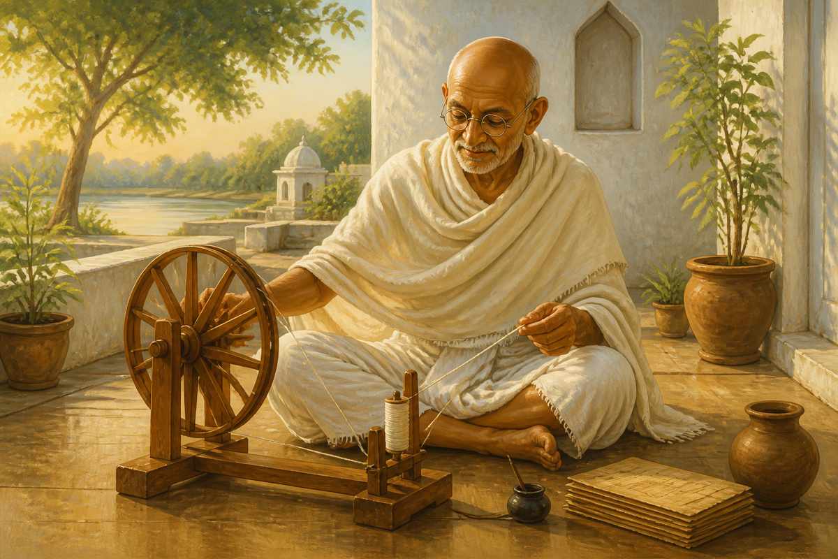 Mahatma Gandhi spins thread on his charkha at Sabarmati Ashram