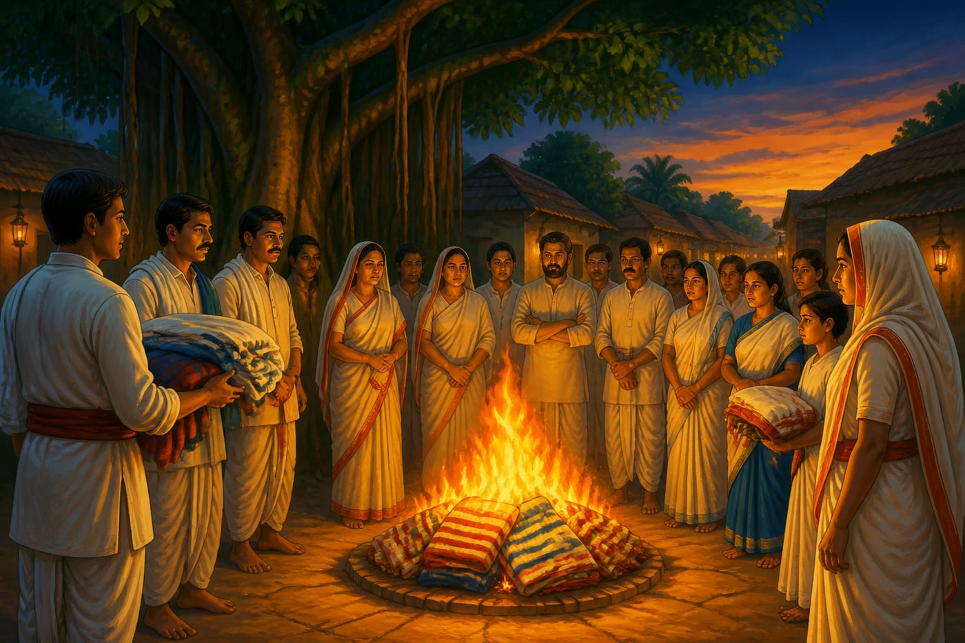 Villagers gather around a bonfire of Manchester cotton in the Swadeshi movement