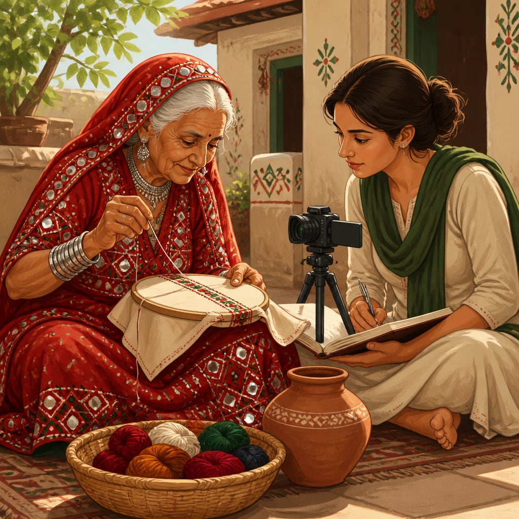 An elderly Kutchi embroiderer demonstrates chain-stitch as a young documenter records