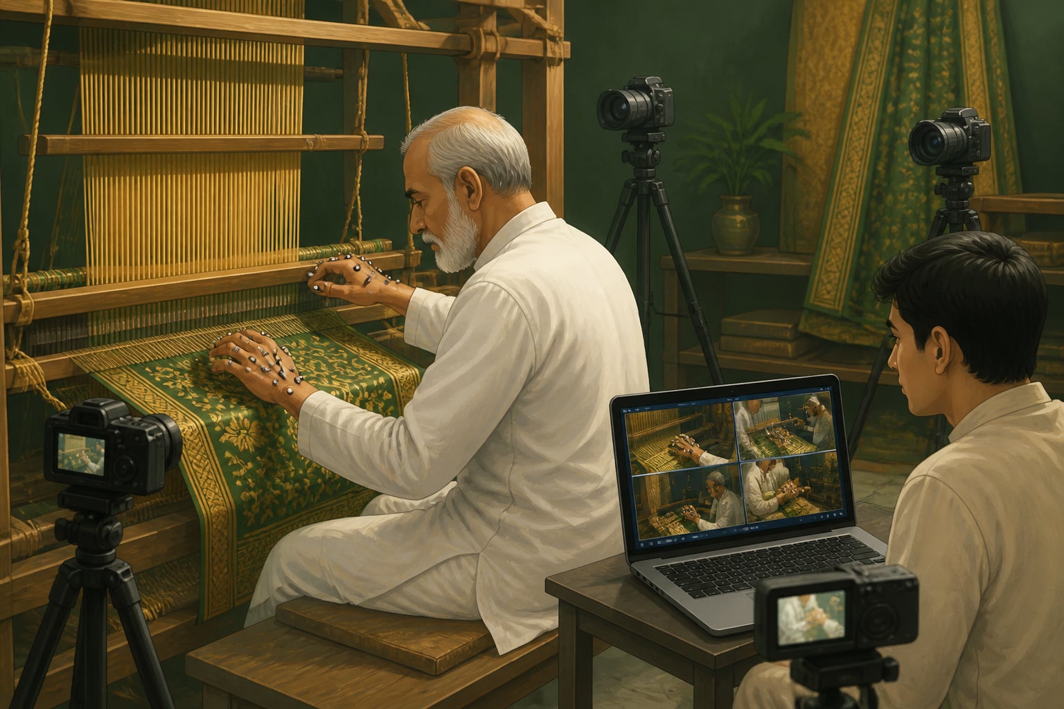 A Banarasi master weaver wears motion-capture markers as cameras record his hand movements