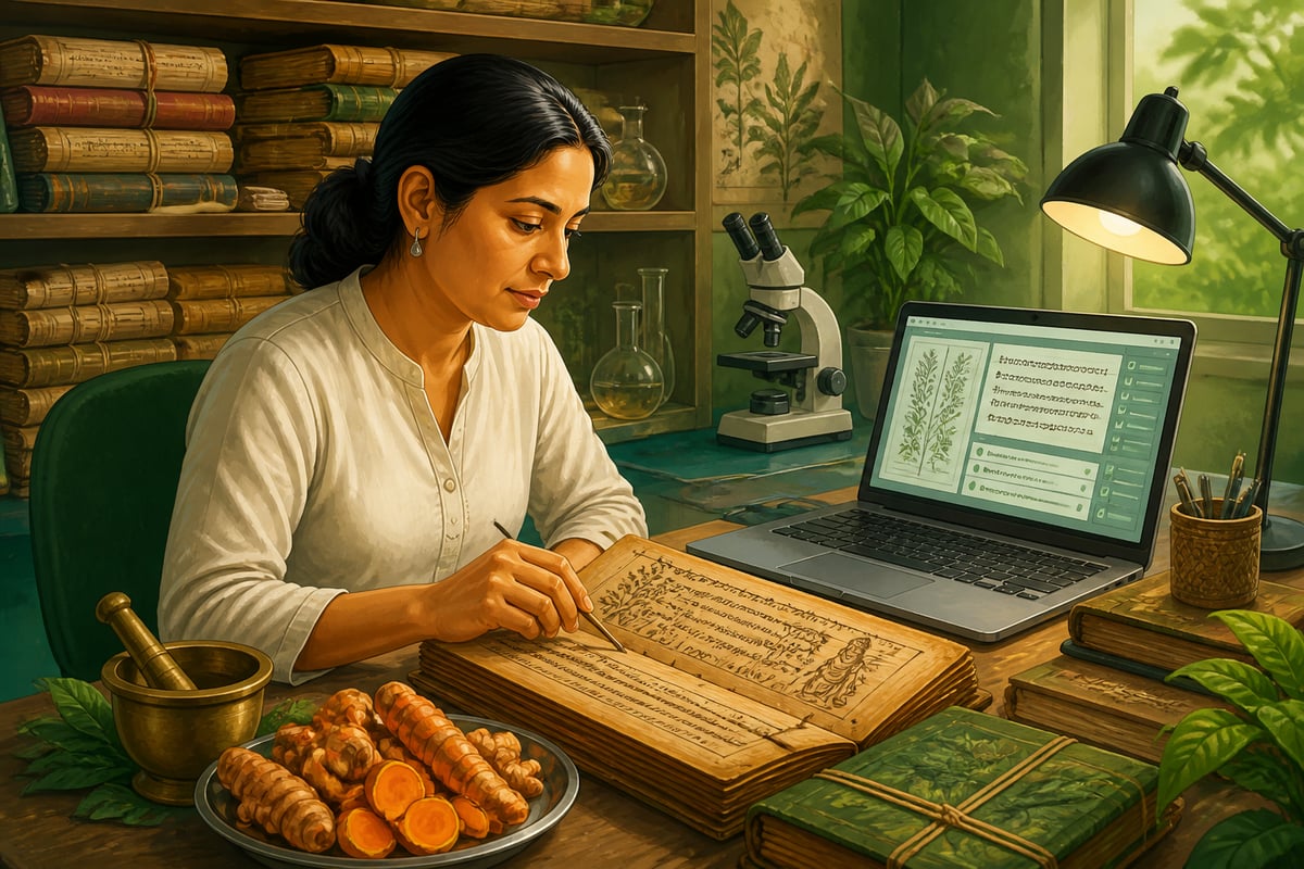 A CSIR researcher digitises an Ayurvedic palm-leaf manuscript beside turmeric roots