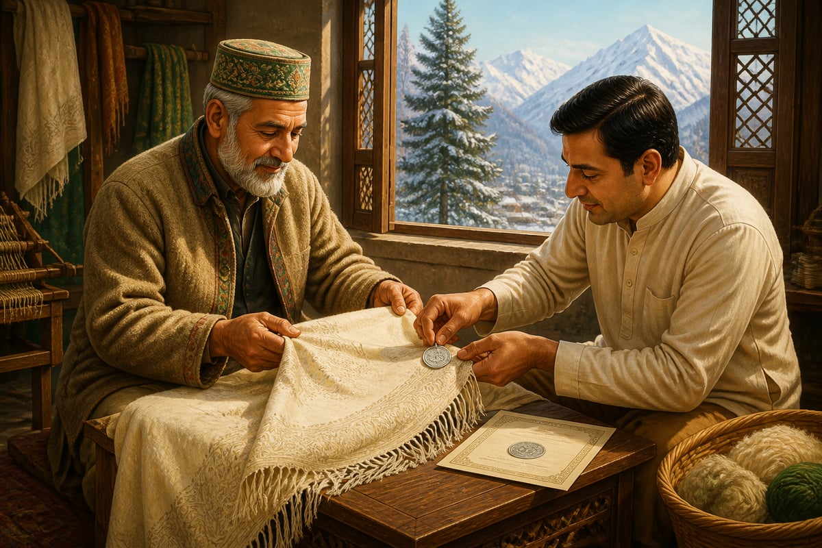 A Kashmiri pashmina weaver receives the GI authentication tag for his finished shawl