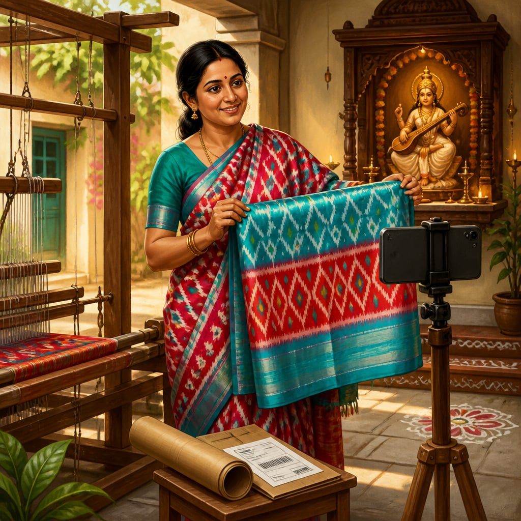 A Pochampally weaver photographs her finished ikat sari for an e-commerce listing