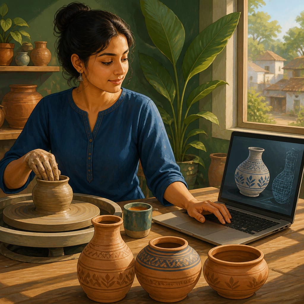 A young Indian potter works at her wheel beside a laptop showing AI-generated designs
