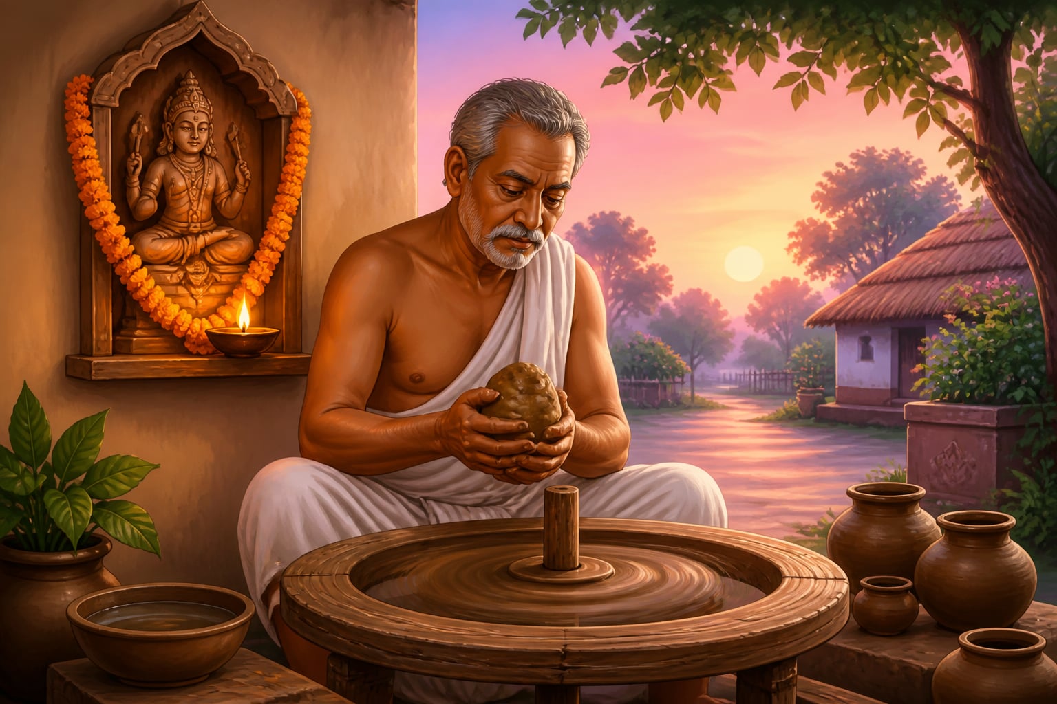 A village potter lights a diya at his Vishwakarma niche before beginning the day