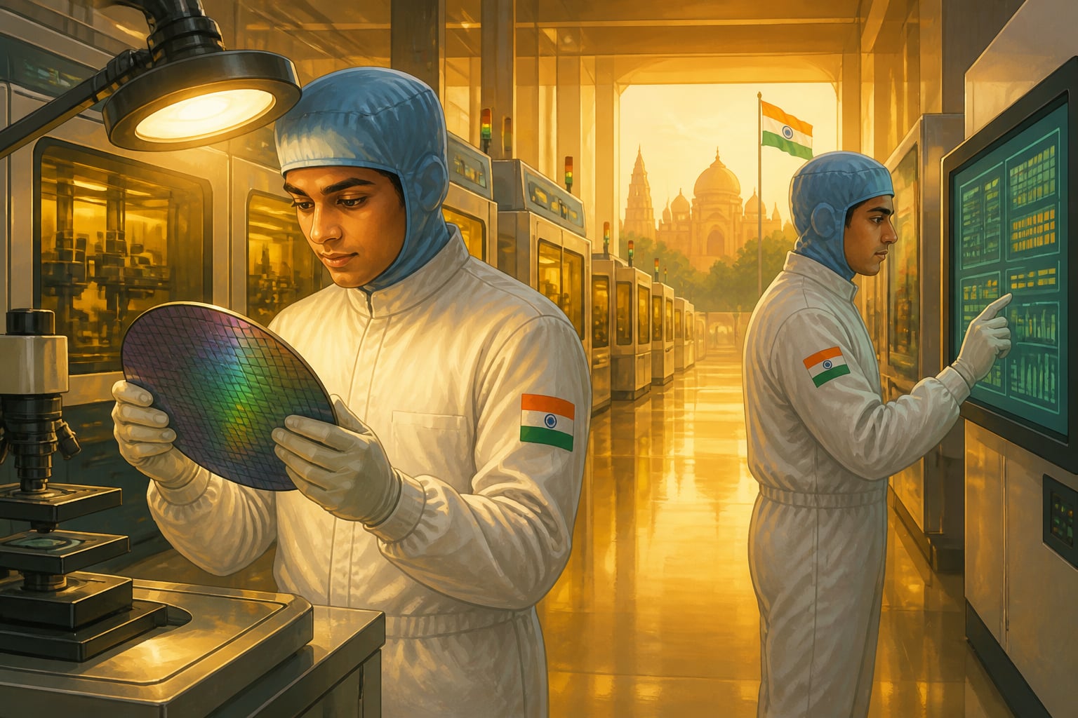 Indian engineers inside a modern semiconductor fabrication cleanroom