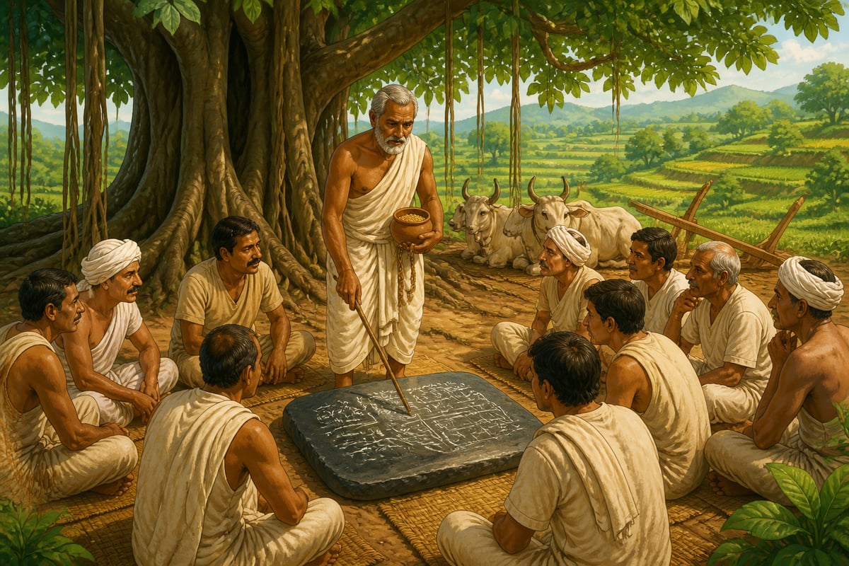 Ancient krishika-sangha farmer assembly beneath a banyan