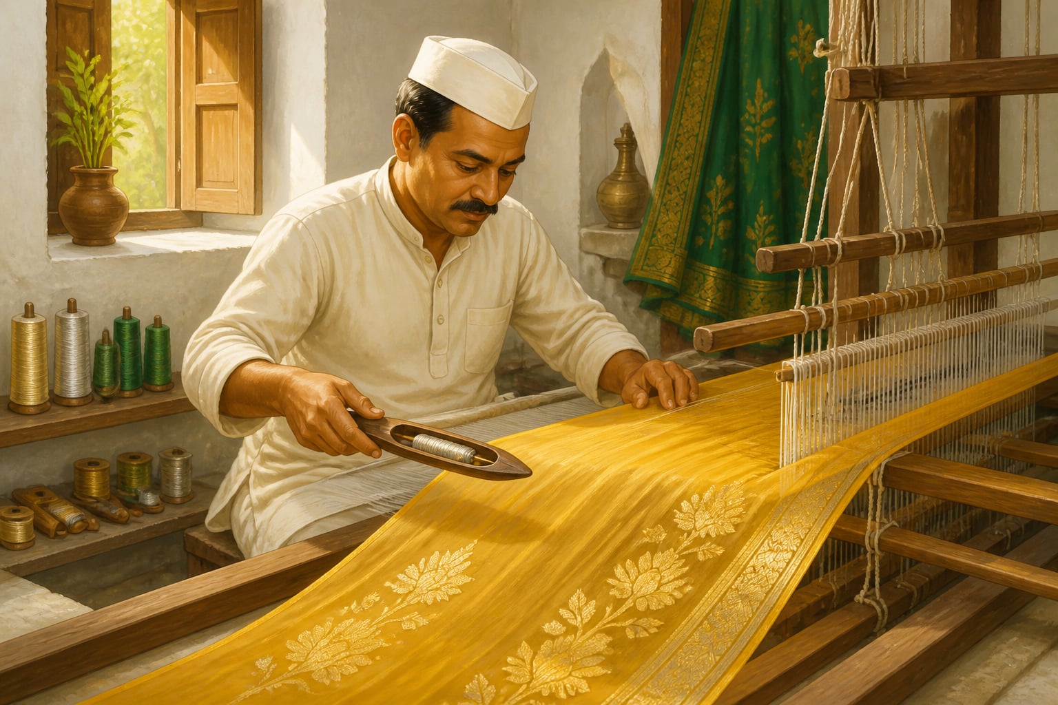 A Chanderi master weaver at his pit-loom