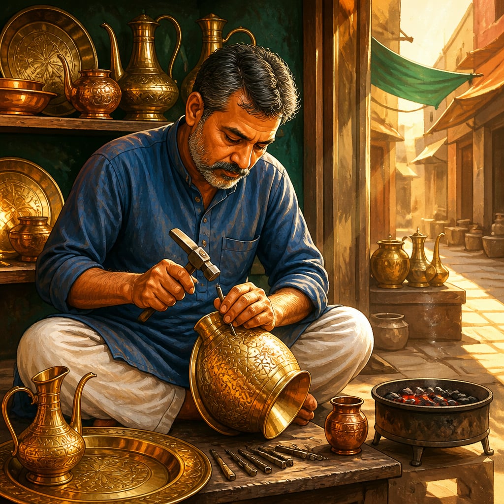 A Moradabad brass artisan chasing a floral pattern onto a lota