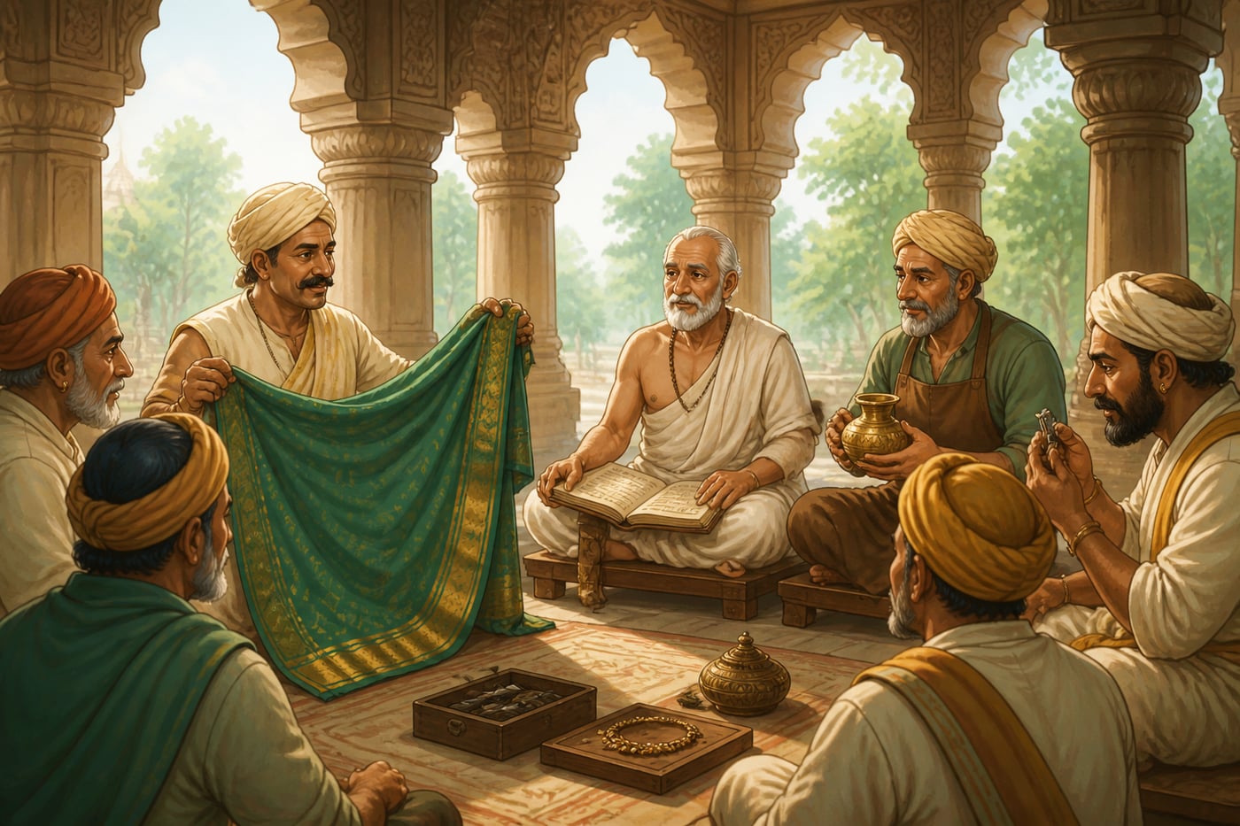An ancient Indian shreni guild assembly in a pillared hall