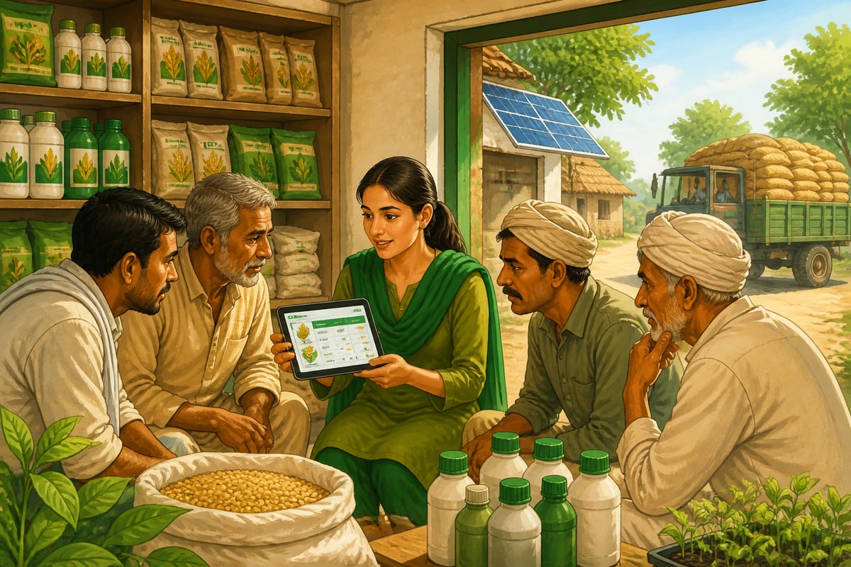 A DeHaat micro-entrepreneur showing crop prices on a tablet