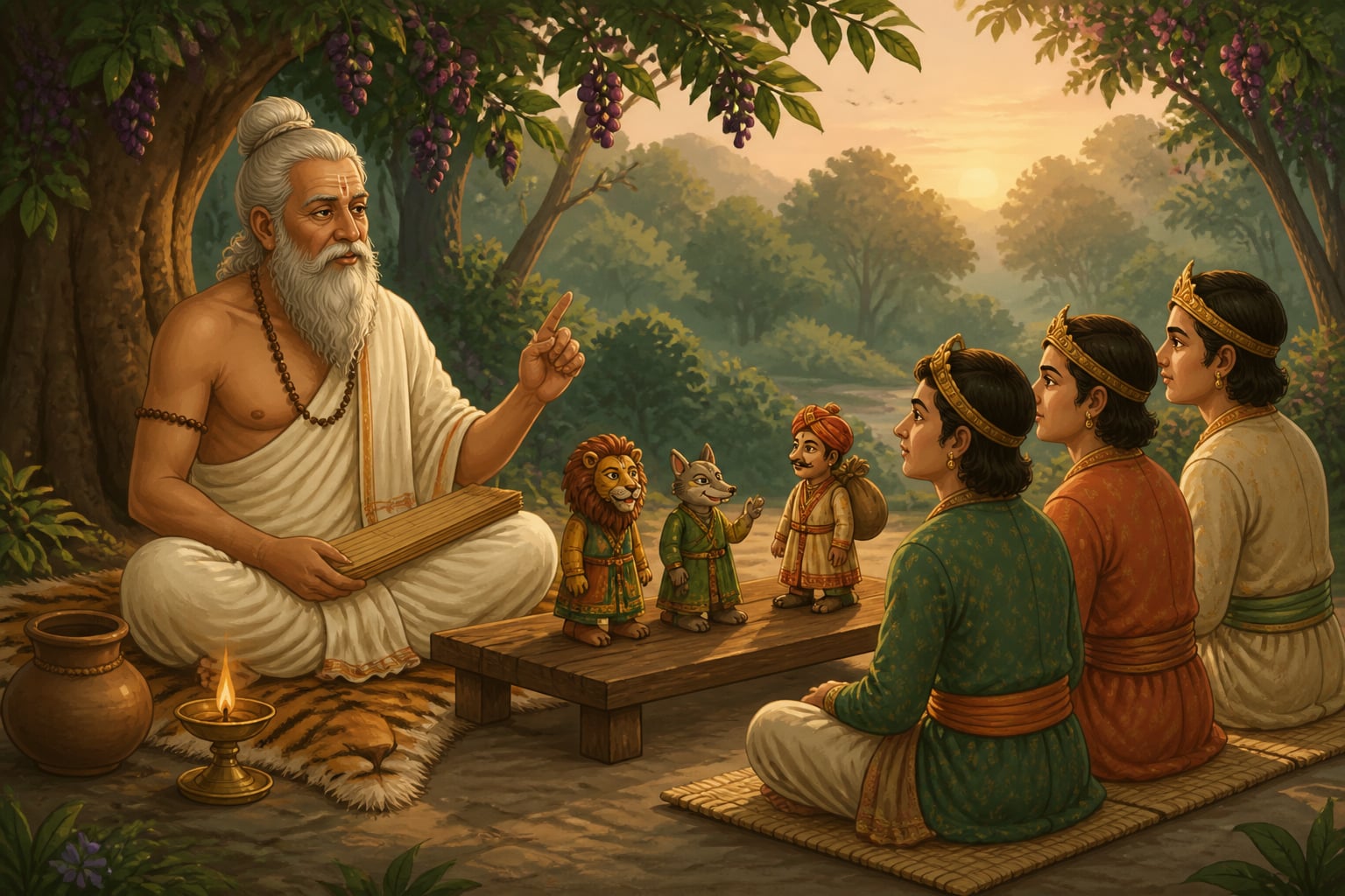 Vishnusharman narrating the Panchatantra to three young princes