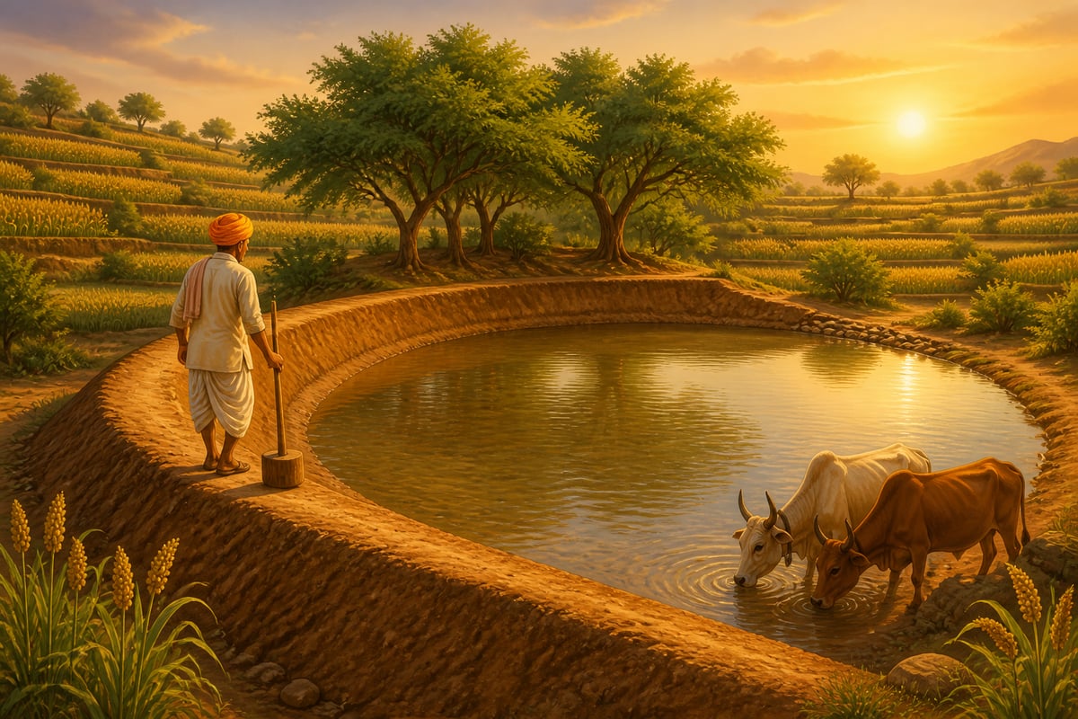 A traditional Rajasthani johad check-dam at evening